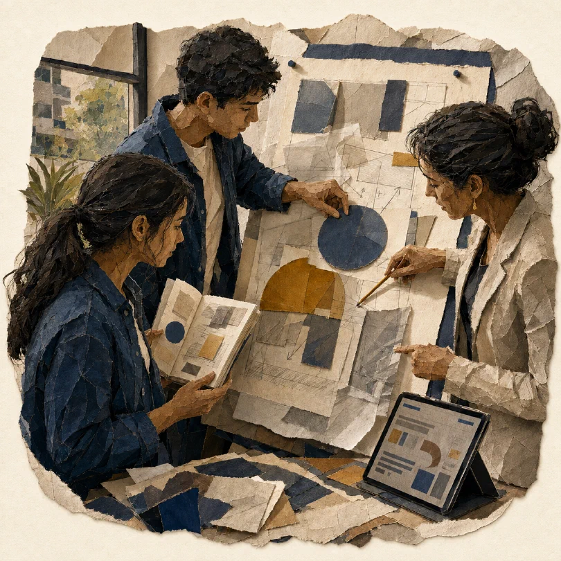 Collage de papel: dos estudiantes y una docente comparan un libro y una propuesta digital con un diagrama en el que reorganizan piezas y señalan cambios.