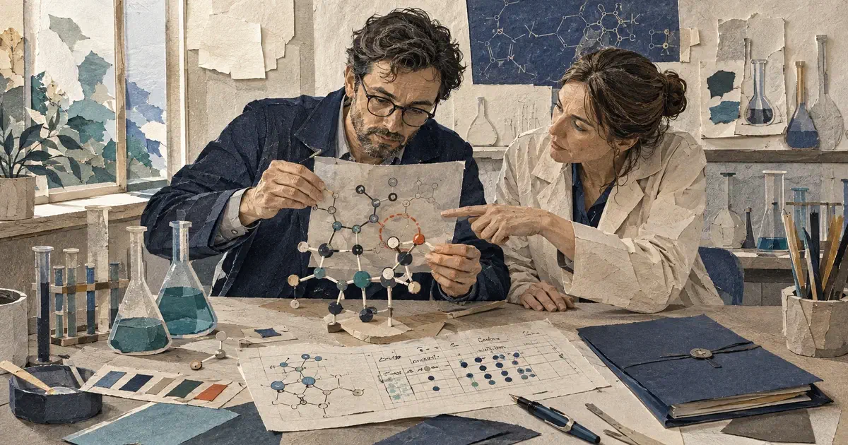 Dos docentes revisan un modelo molecular, esquemas y notas sobre una mesa de laboratorio.
