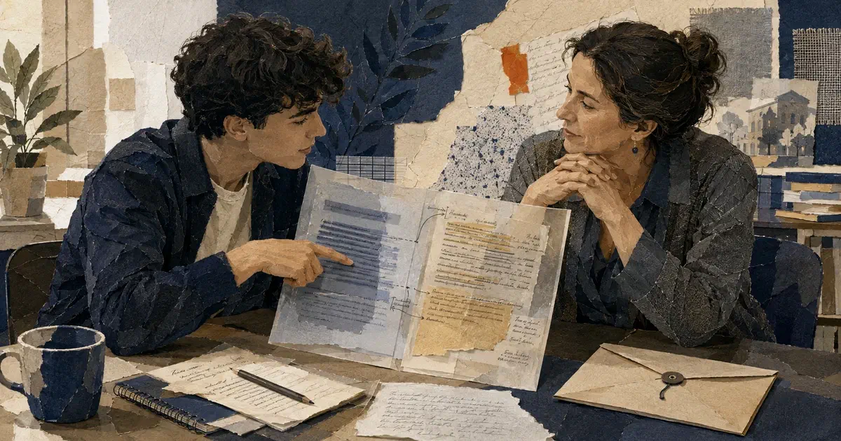 Collage editorial de un estudiante que señala un borrador mientras una docente escucha; un folio translúcido separa un fragmento externo de una versión revisada.
