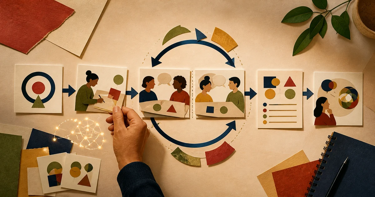 Un recorrido de diseño conecta propósito, trabajo entre pares, reconstrucción, evidencia y reflexión; una mano conserva la decisión mientras una señal abstracta de IA ofrece opciones.