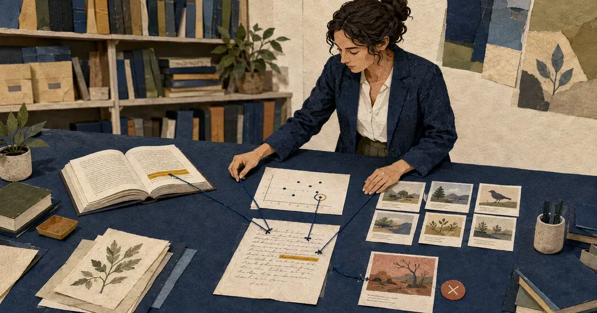 Una investigadora relaciona un libro, una gráfica y registros de campo con su borrador mediante hilos.