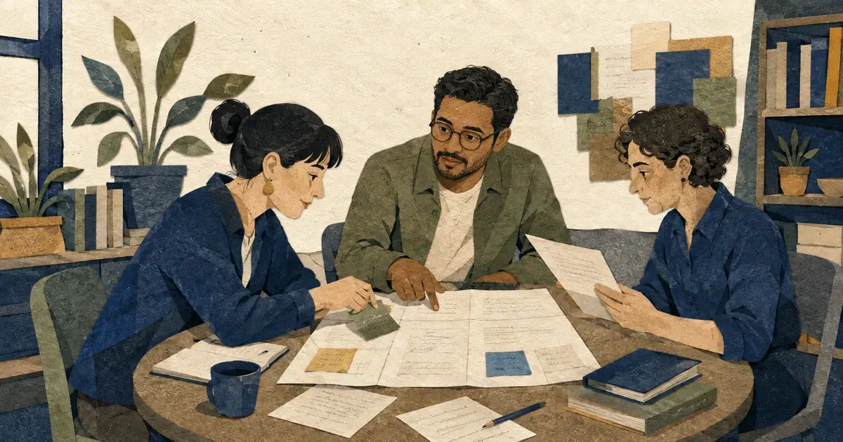Tres personas revisan un documento extendido sobre una mesa y añaden notas.