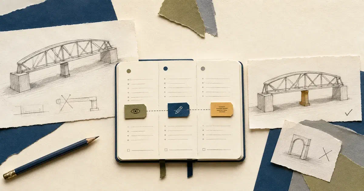 Un cuaderno de trabajo acompaña dos versiones de un puente y un boceto descartado.