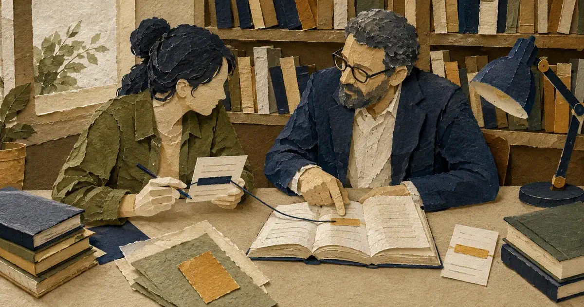 Dos personas contrastan una tarjeta con un pasaje señalado en un libro; un hilo une ambos fragmentos.
