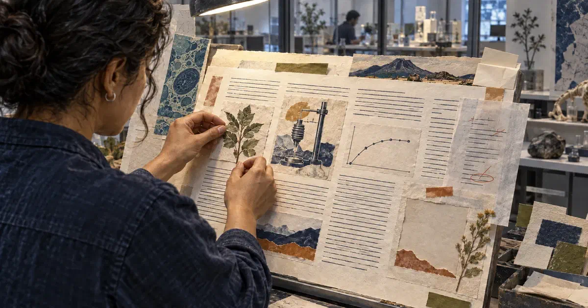 Persona revisa una galera de artículo y coloca una figura entre columnas de texto abstracto y correcciones en papel translúcido.