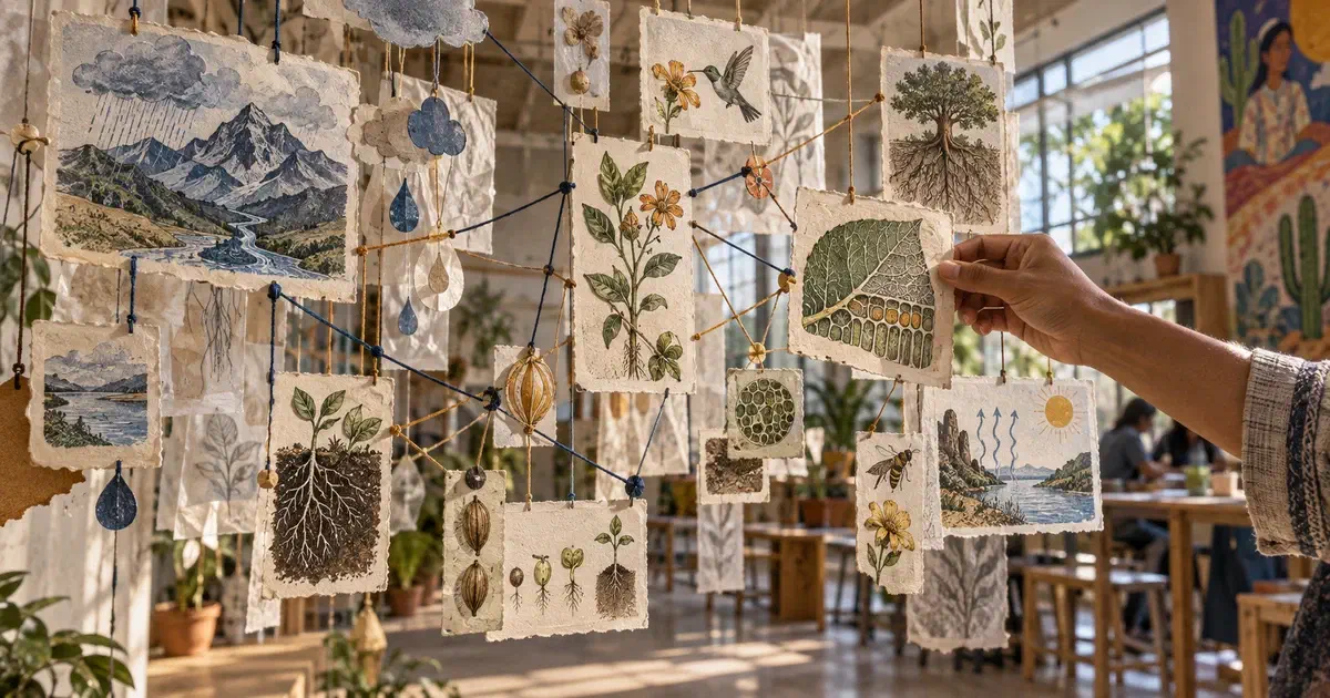 Tarjetas de papel con ilustraciones de plantas y agua unidas por hilos; una mano cambia una relación entre ellas.