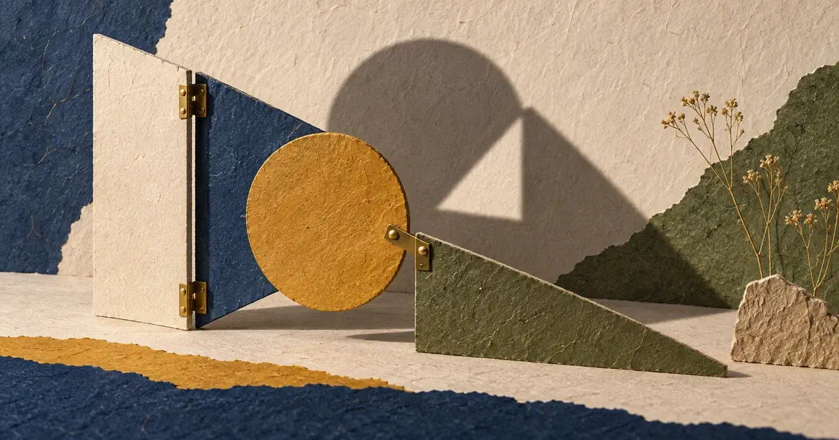 Piezas geométricas de cartón con bisagras y una sombra que revela una relación oculta.