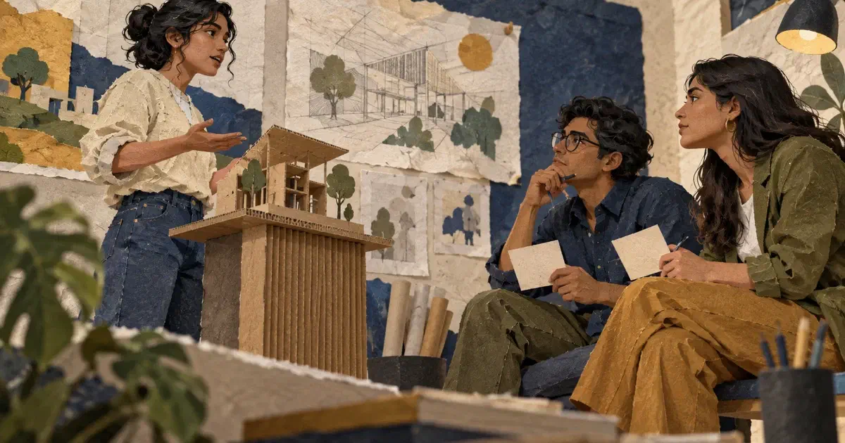 Un estudiante presenta un prototipo a compañeros que asumen papeles profesionales y registran observaciones, en un collage editorial.