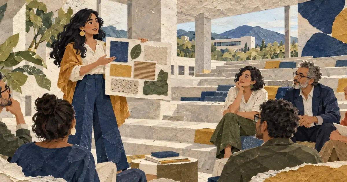 Docentes comparten muestras de su trabajo en un encuentro universitario, representado mediante un collage de papel.