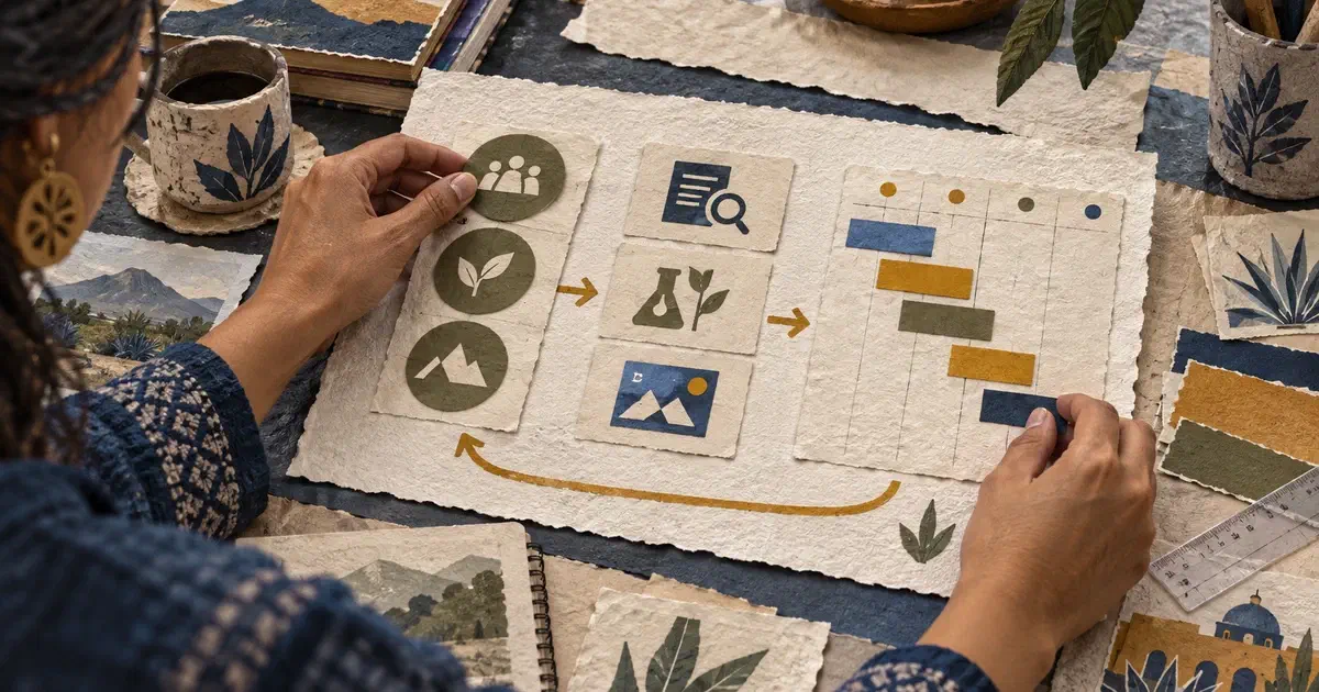 Manos de un docente ordenan fichas de competencias, actividades y evidencias junto a documentos de planeación, en un collage editorial.