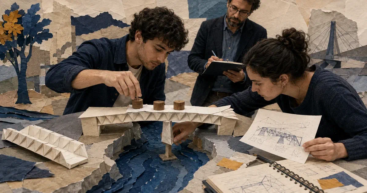 Collage editorial de dos estudiantes que prueban una carga sobre un puente de papel mientras una docente registra la observación y otra versión queda apartada.