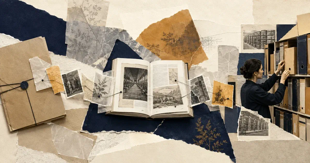 Collage de un libro abierto, fragmentos enlazados con hilos y una archivista que localiza una carpeta entre sus fuentes.