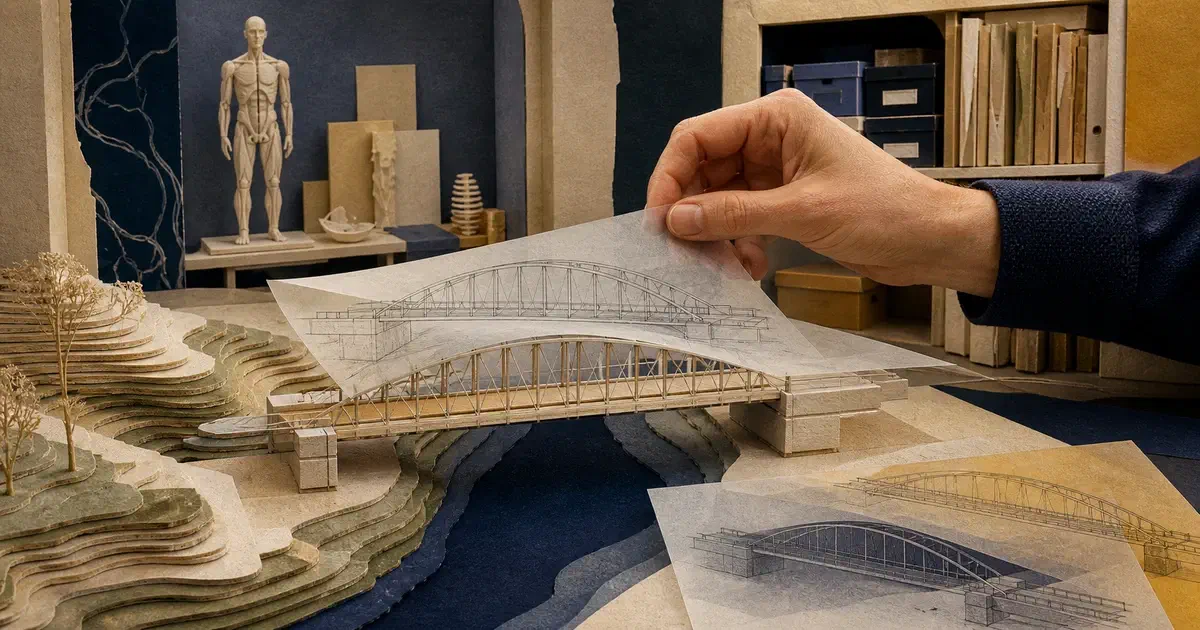 Una mano compara un trazado alternativo con una maqueta de puente, con un terreno y modelos docentes al fondo.