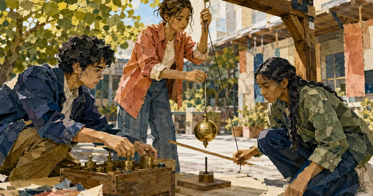 Tres estudiantes ajustan un péndulo junto a una caja de pesas en un patio.