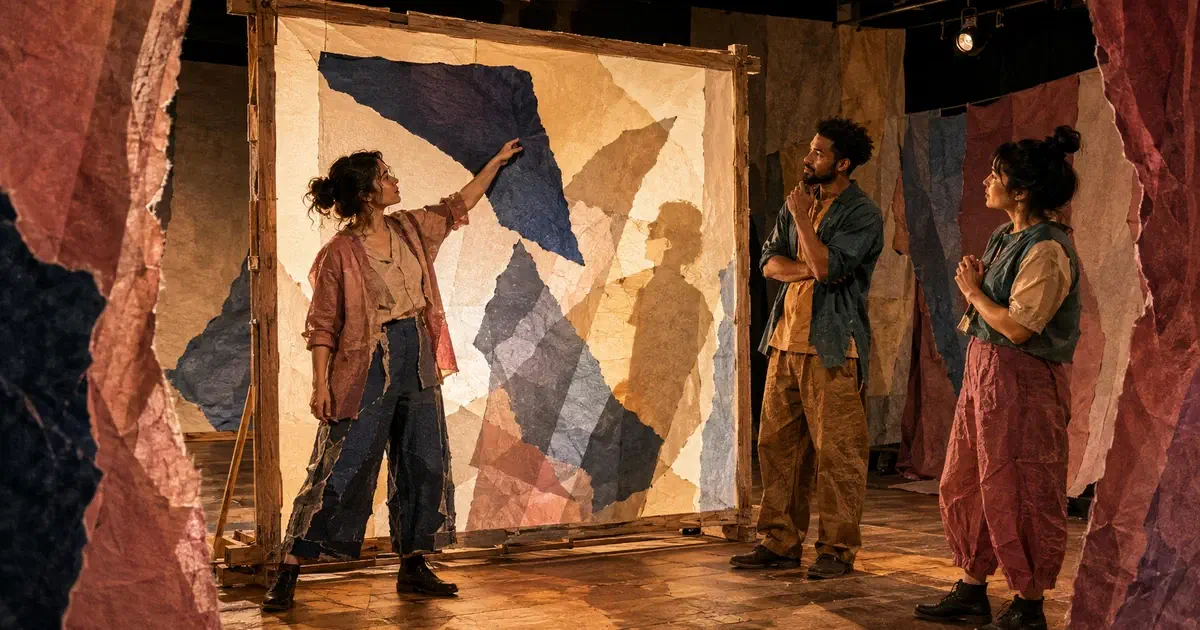 Una mujer levanta un recorte añil frente a una pantalla iluminada mientras dos personas observan las sombras y las capas de papel en un taller teatral.