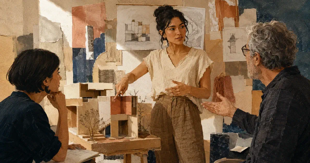 Estudiante explica una maqueta y decisiones de proceso ante dos docentes.