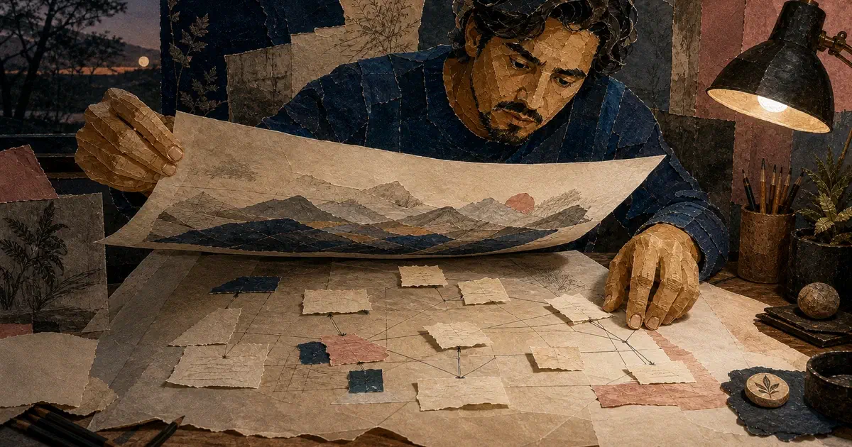 Hombre levanta una ilustración terminada de un paisaje y examina el esquema de fragmentos que hay debajo.