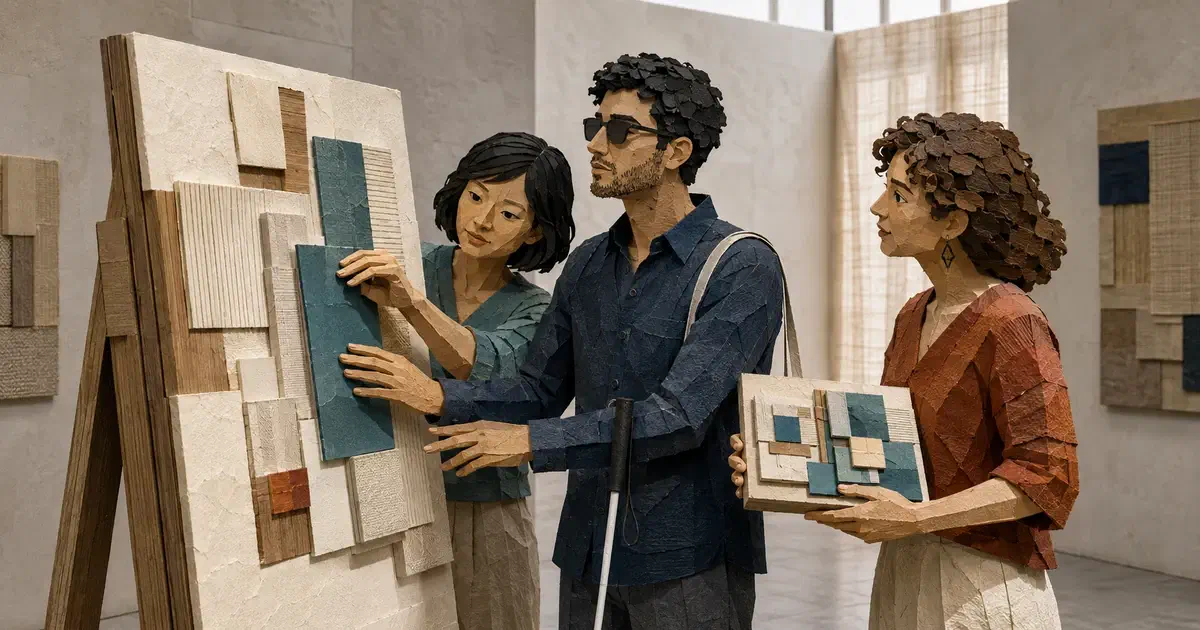 Tres personas exploran un gran relieve de piezas rectangulares color crema y verde azulado; un hombre con bastón toca la composición mientras una compañera sostiene otra versión.