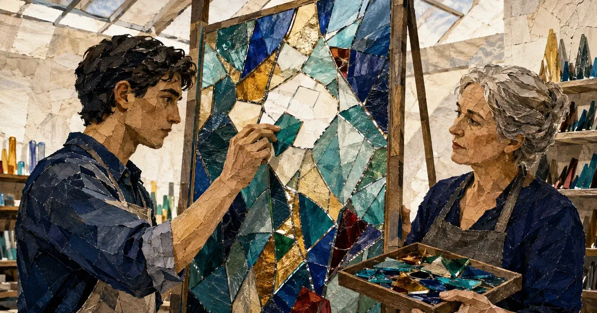 Dos personas colocan y revisan fragmentos de colores en un vitral rectangular iluminado.
