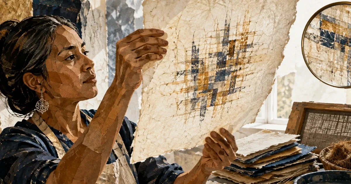 Persona alza una hoja artesanal a contraluz para observar una trama en sus fibras.