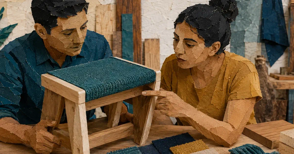 Dos personas comparan un prototipo de mobiliario con muestras físicas.