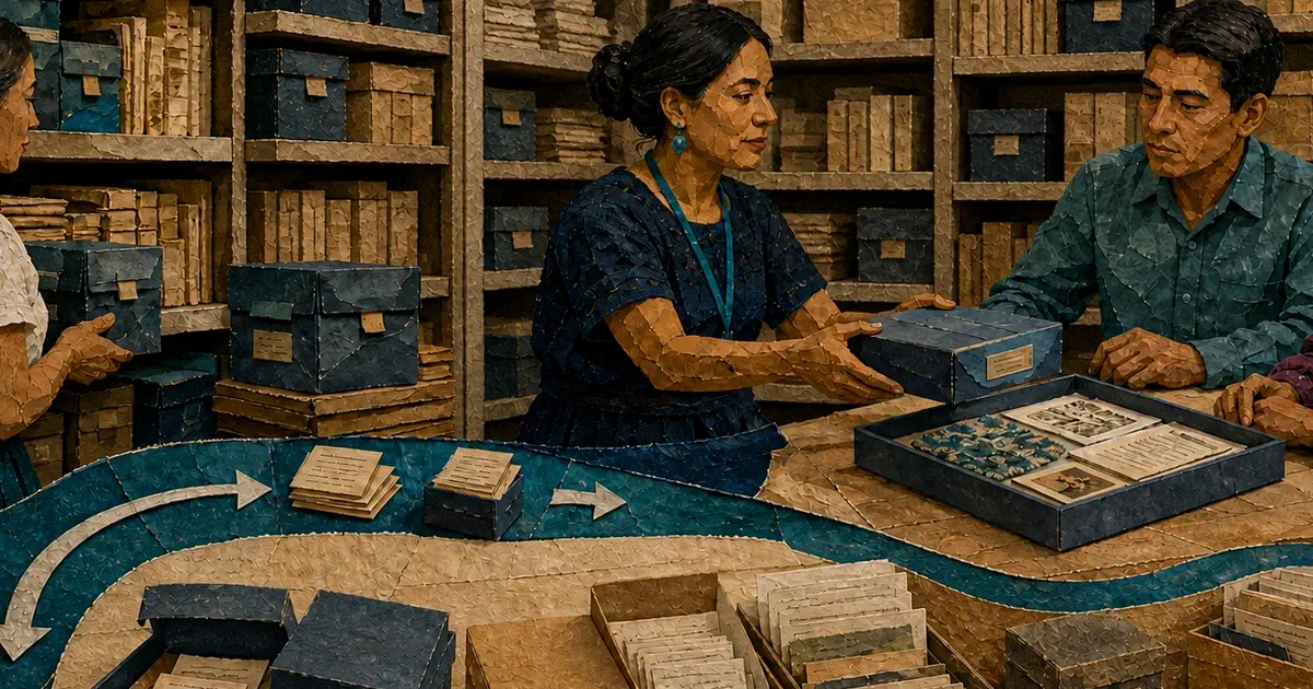 Archivista distribuye cajas entre depósito protegido y consulta limitada.