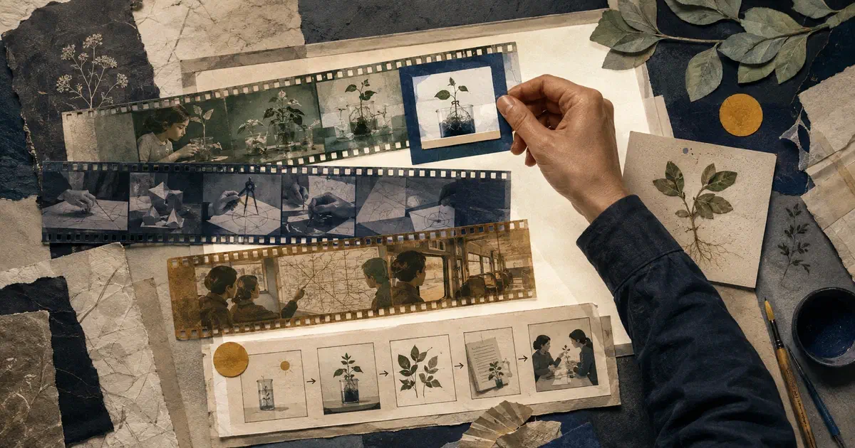 Collage editorial de una mano que selecciona un fotograma de experimento vegetal entre tres tiras audiovisuales con escenas de aprendizaje.